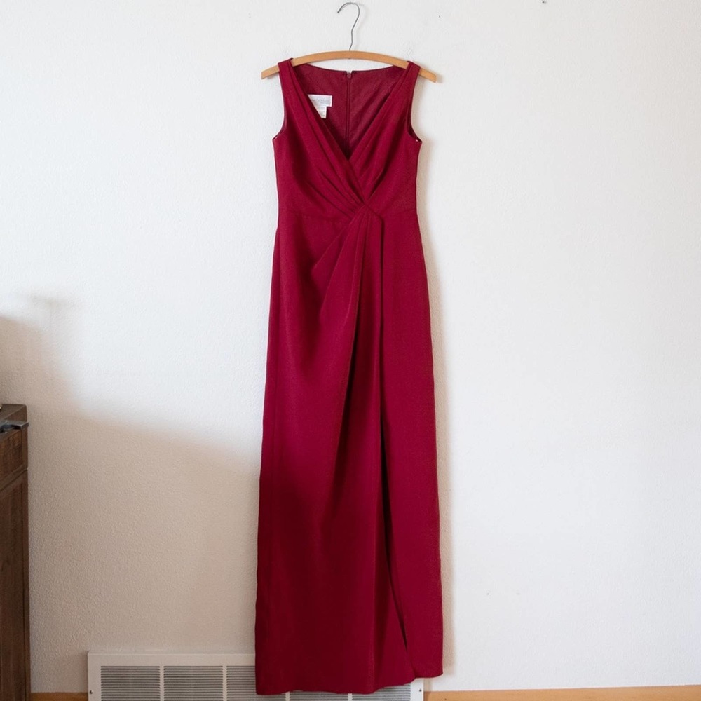Jenny Packham V-Neck Crepe Column Gown In Burgundy Jp1013 View 2